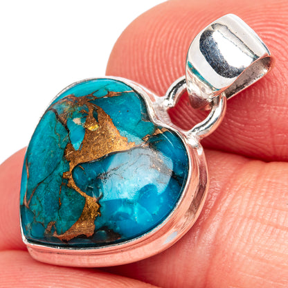 Blue Copper Composite Turquoise Heart Pendants 1 1/8" (925 Sterling Silver) P42378