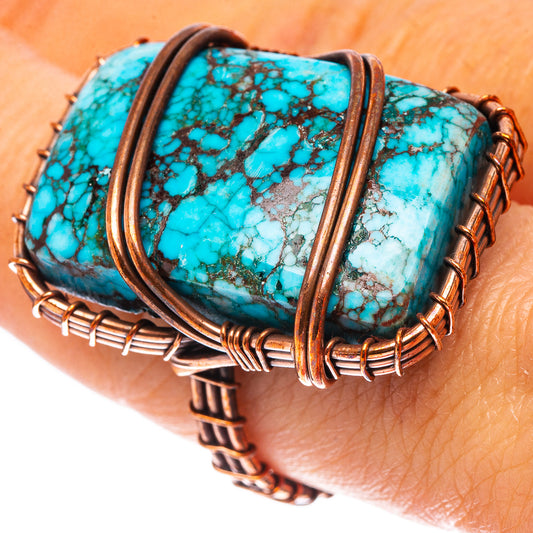 Turquoise oval stone ring with oxidized copper wire wrap, stacked band detail