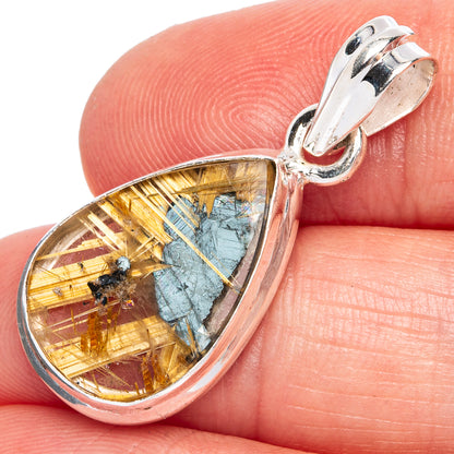 Sterling silver teardrop pendant bail with gold-and-blue rutilated quartz cabochon