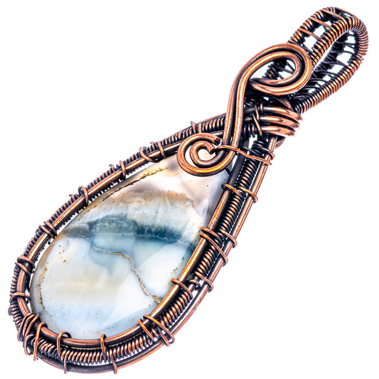 Oxidized copper wire-wrapped opal pendant, oval cabochon with spiral wire bale