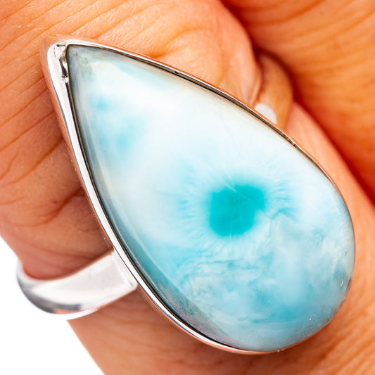 Teardrop larimar cabochon ring, .925 sterling silver, blue stone bezel setting