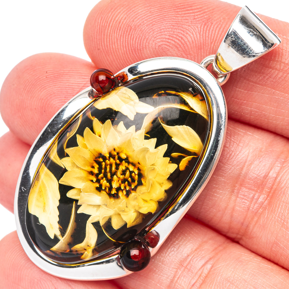 Amber Intaglio Sunflower Pendant 1 7/8" (925 Sterling Silver) P42578