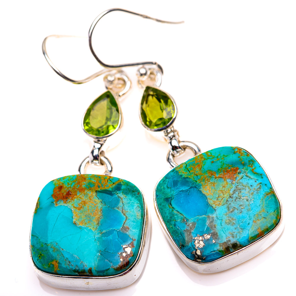 Turquoise chrysocolla and green peridot teardrop dangle earrings on silver hooks