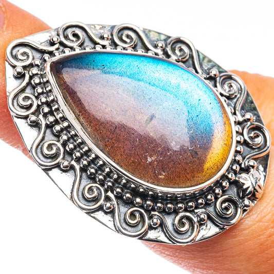 Labradorite teardrop ring in .925 sterling silver, blue and brown with ornate bezel