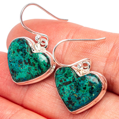 .925 silver chrysocolla heart earrings with turquoise stones, French hooks