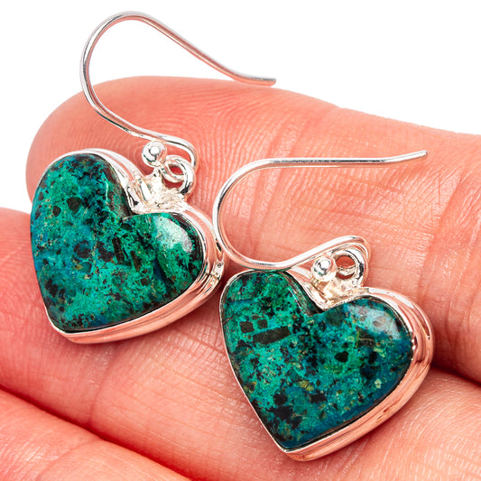 .925 silver chrysocolla heart earrings with turquoise stones, French hooks