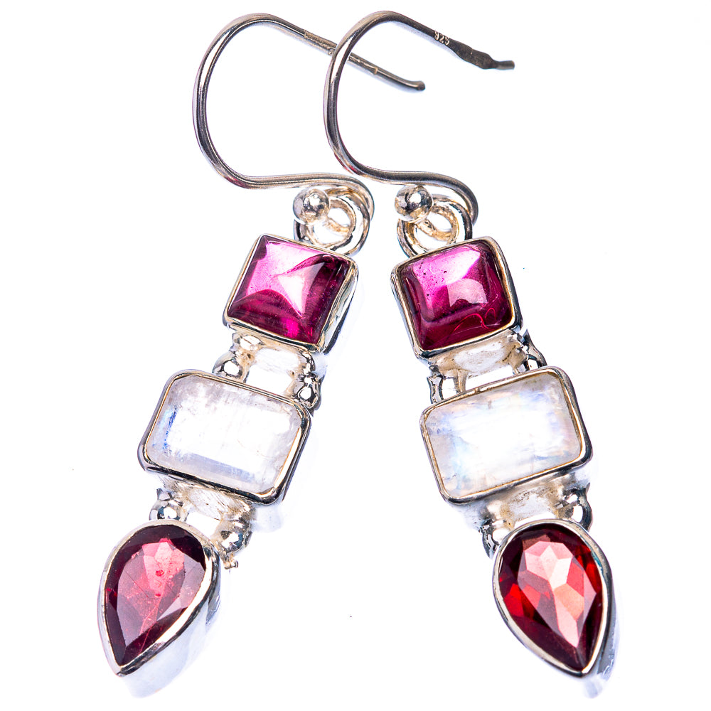 Rainbow Moonstone, Garnet Earrings 1 5/8" (925 Sterling Silver) E432596