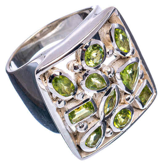 Sterling silver peridot ring with square settings and multiple green gemstone ovals