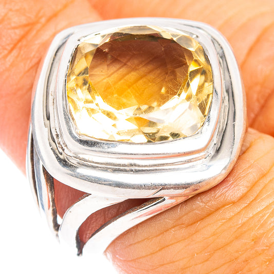 Sterling silver ring with large cushion-cut yellow quartz gemstone, openwork setting