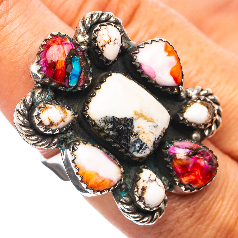 Exclusive Southwestern Style White Buffalo Turquoise, Pink Dahlia Turquoise Ring Size 7 Adjustable (.925 Sterling Silver)