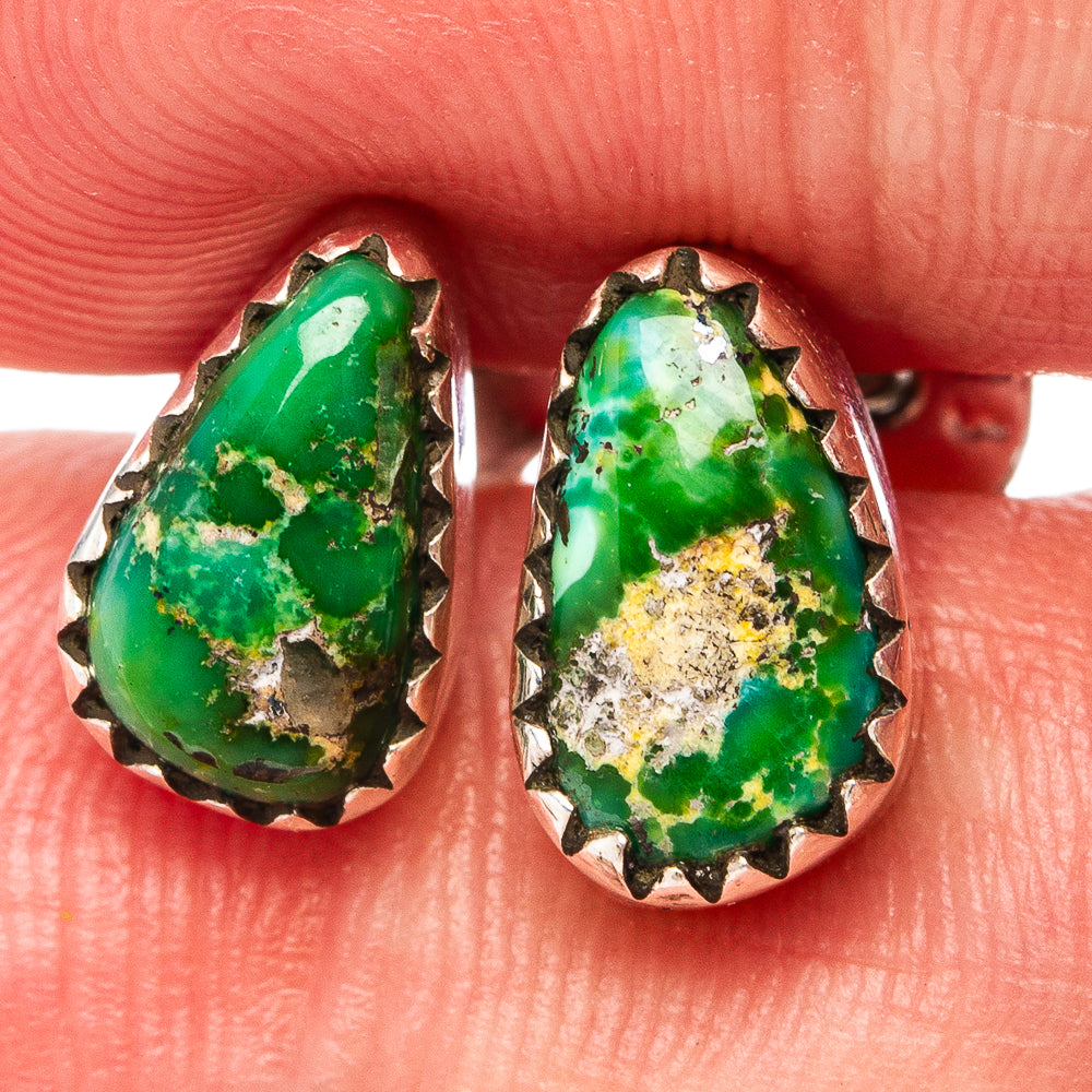 Green turquoise stone stud earrings in silver bezels