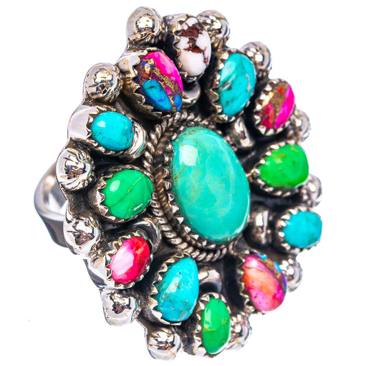 Sterling silver turquoise cluster ring with large oval center stone and colorful inlay