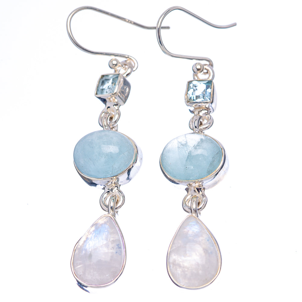 Premium Rainbow Moonstone, Aquamarine, Blue Topaz Earrings 2 1/8" (.925 Sterling Silver)