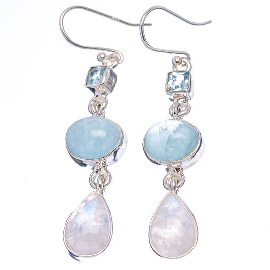 Sterling silver drop earrings with blue gemstone top and three dangling pear/teardrop charms
