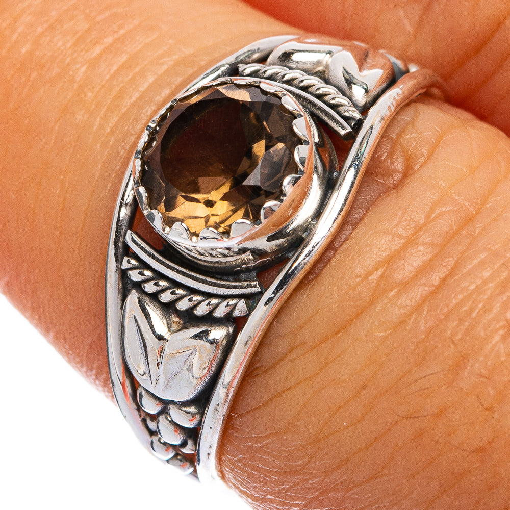 Smoky quartz dainty ring in 925 sterling silver with ornate bezel setting