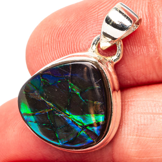 Sterling silver ammolite pendant with teal green and blue iridescent teardrop stone