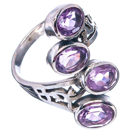 Amethyst ring with four oval faceted stones on .925 sterling silver, ornate side detailing