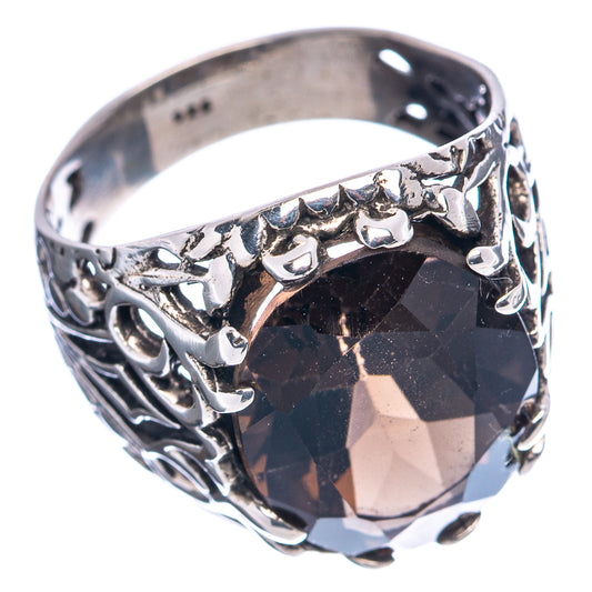 Smoky quartz ring, .925 sterling silver with engraved band and large faceted dark stone