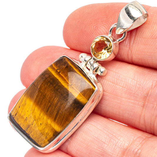 Sterling silver pendant with tiger's eye rectangle stone and citrine round accent