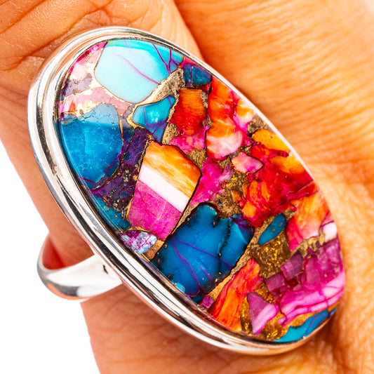 .925 sterling silver ring with oval colorful mosaic inlay, turquoise pink and gold flecks