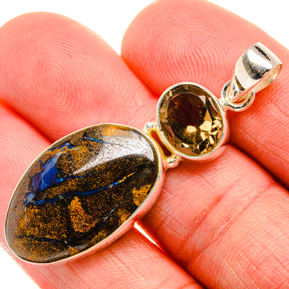 Boulder Opal, Smoky Quartz 925 Sterling Silver Pendant 2" (925 Sterling Silver) PD38401