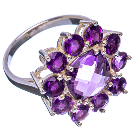 Amethyst flower ring, purple gemstone cluster with halo round stones on sterling silver band