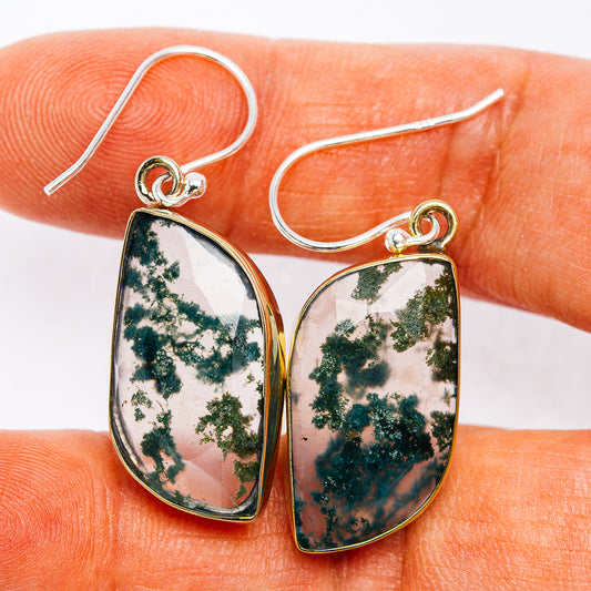 Green Moss Agate Earrings 1 5/8" (German Silver)