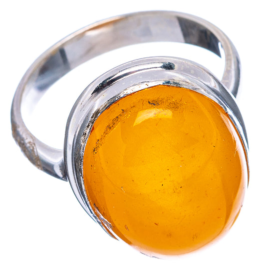 Oval amber cabochon sterling silver ring, size 7.75, orange gemstone on metal band