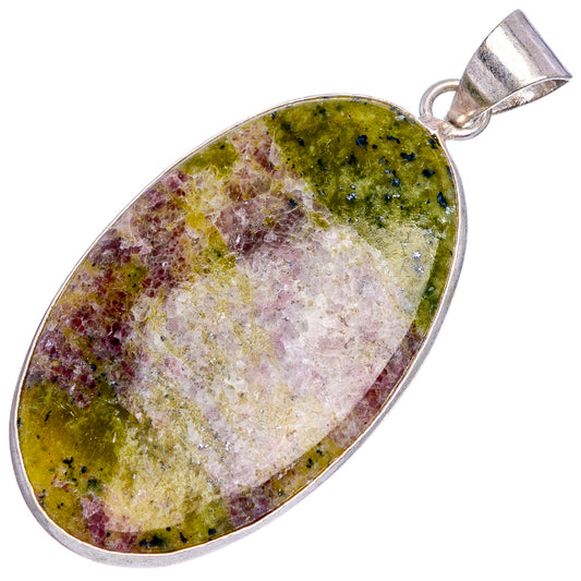 Silver-plated oval pendant with mottled green, purple, and white speckled stone