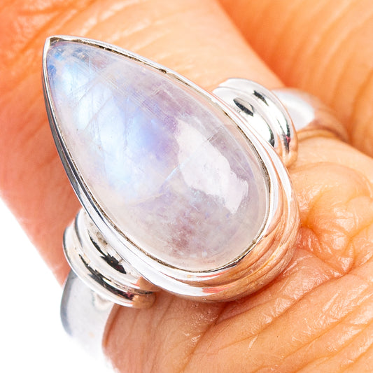 Rainbow moonstone ring with pear-shaped light rainbow stone in sterling silver setting