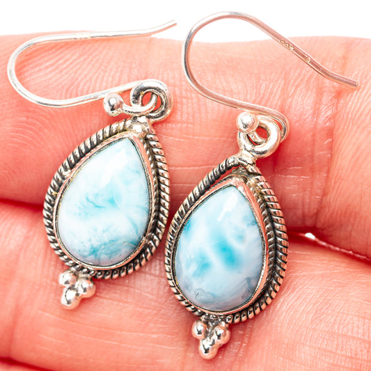 Larimar light-blue teardrop earrings in .925 sterling silver, ornate bezel and fishhook backs
