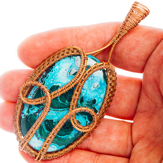 Malachite In Chrysocolla Wire Wrap Pendant 3 1/8" (Copper)