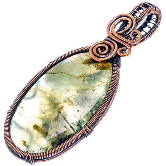 Oxidized copper wire-wrapped prehnite teardrop pendant, coiled wire bail