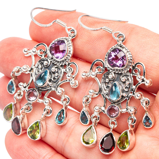 Large Amethyst, Blue Topaz, Peridot 925 Siganture Sterling Silver Earrings 2.25" (925 Sterling Silver) E2217