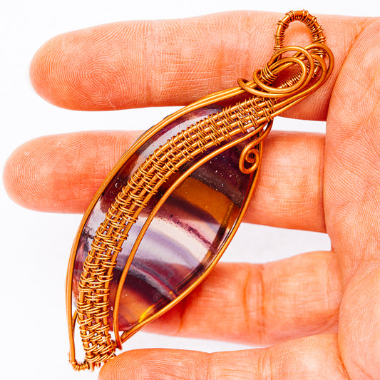 Banded Fluorite Wire Wrap Pendant 3 1/4" (Copper)