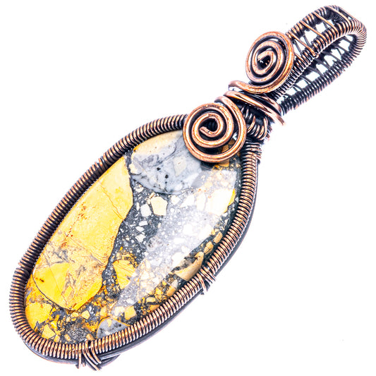 Oxidized copper wire-wrap pendant with oval jasper cabochon and spiral bezel
