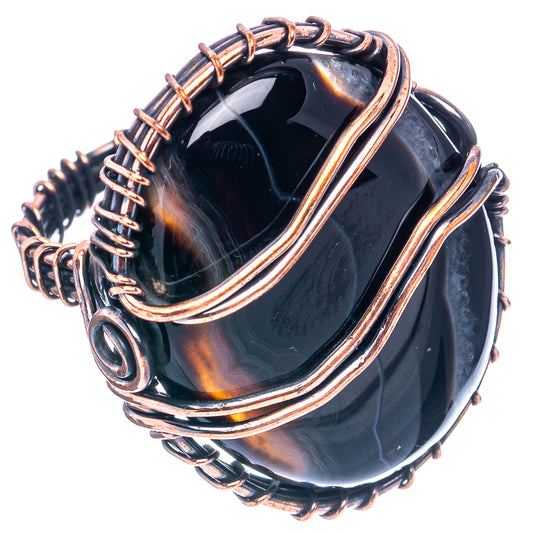 Oxidized copper wire wrap ring with oval black banded agate stone, size 7.5