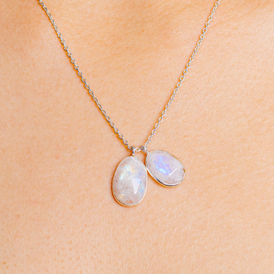 Sterling silver moonstone pendant necklace with two oval opalescent stones
