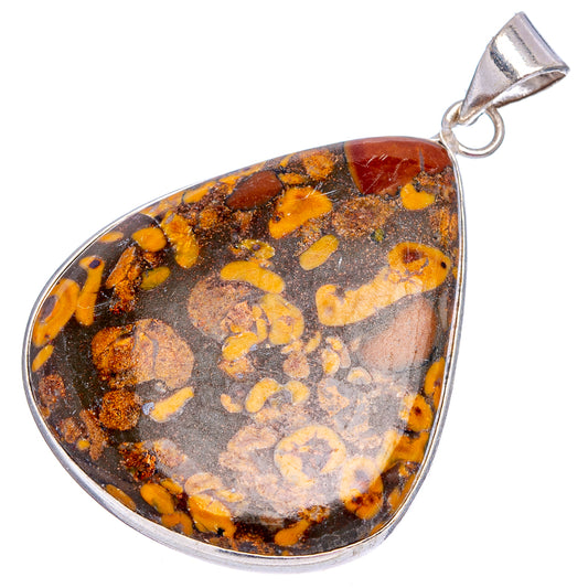 Silver-plated bamboo jasper teardrop pendant, marbled orange, amber, and dark gray