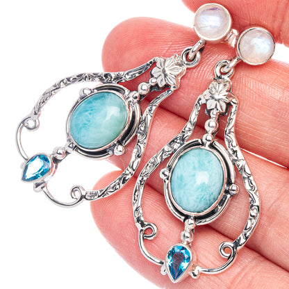 Signature Larimar, Rainbow Moonstone, Blue Topaz Earrings 1 7/8" (925 Sterling Silver) E1075