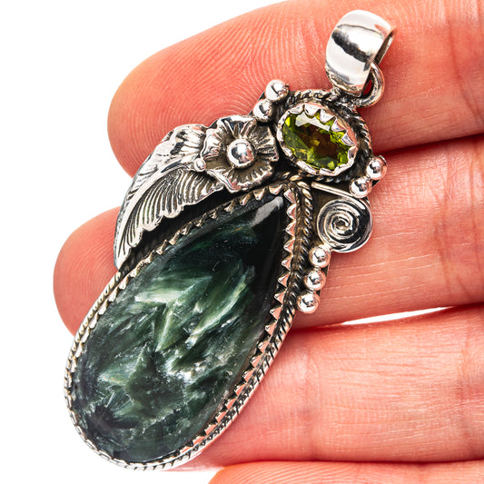 925 sterling silver seraphinite teardrop pendant with round green gemstone at top