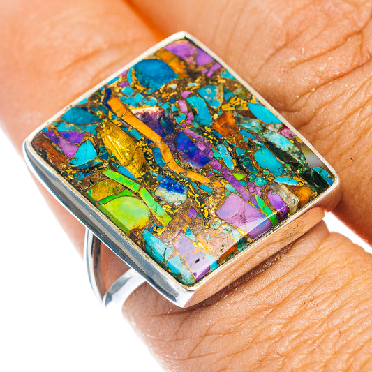 Turquoise mosaic inlay sterling silver ring with rectangular frame, size 8.5