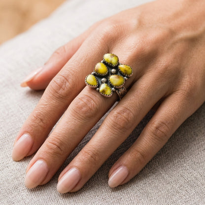 Southwestern turquoise-stone cluster ring with silver band
