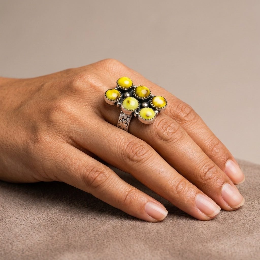 Turquoise cabochon silver ring with five yellow stones, adjustable band