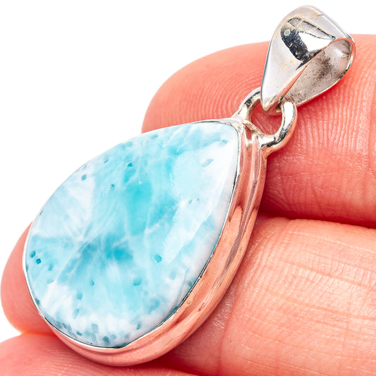 Sterling silver teardrop larimar pendant with open bail, light blue marbling stone.