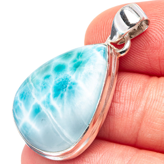 Larimar teardrop pendant in .925 sterling silver bezel, close-up on bale