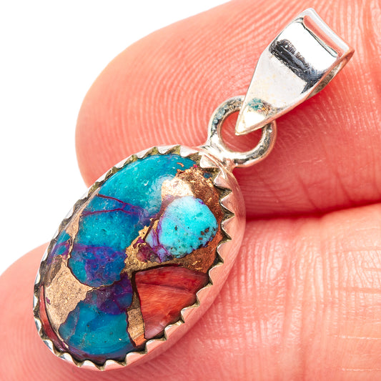 Sterling silver pendant with turquoise and red mosaic stone in oval bezel