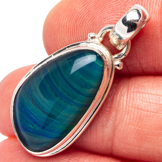 Oval opal pendant in .925 sterling silver bezel, blue-green iridescent stone with border