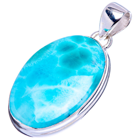 Larimar stone pendant in .925 sterling silver setting, oval bright blue with silver bail.