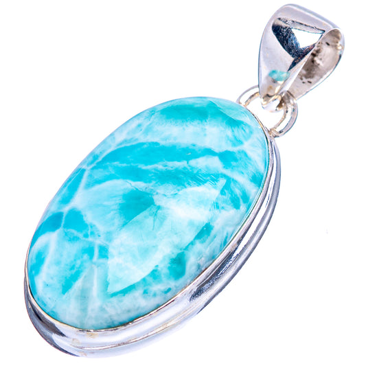Oval Larimar pendant in .925 sterling silver, full view with hanging bail